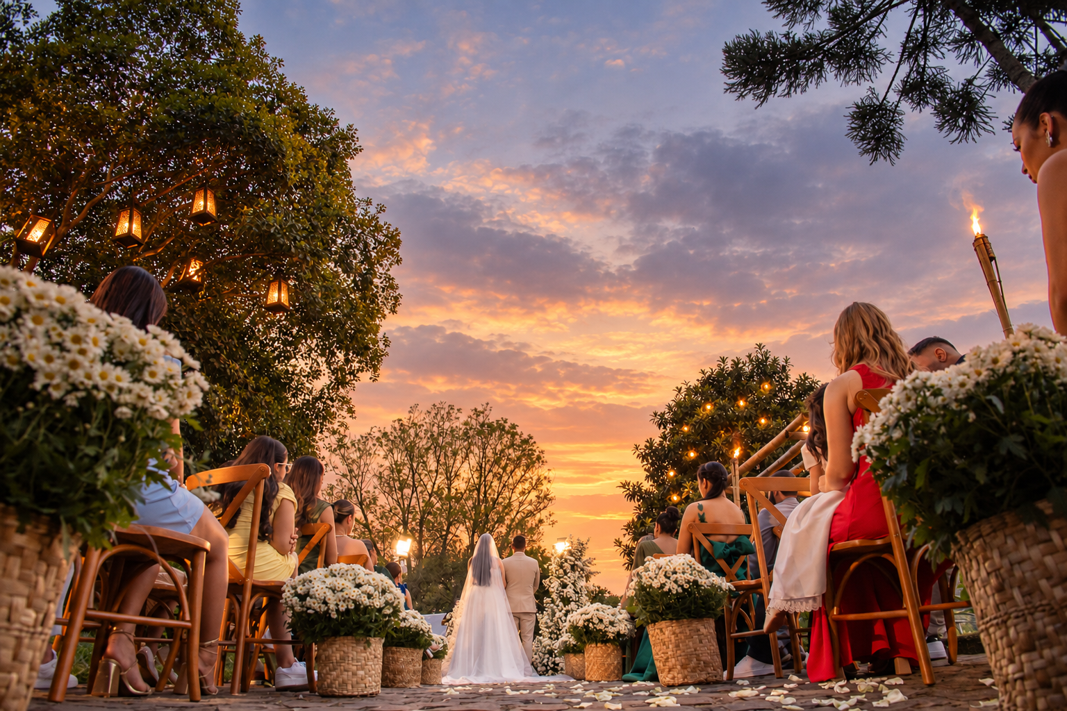 Casamento ao pôr do sol no jardim da Villa Geyer